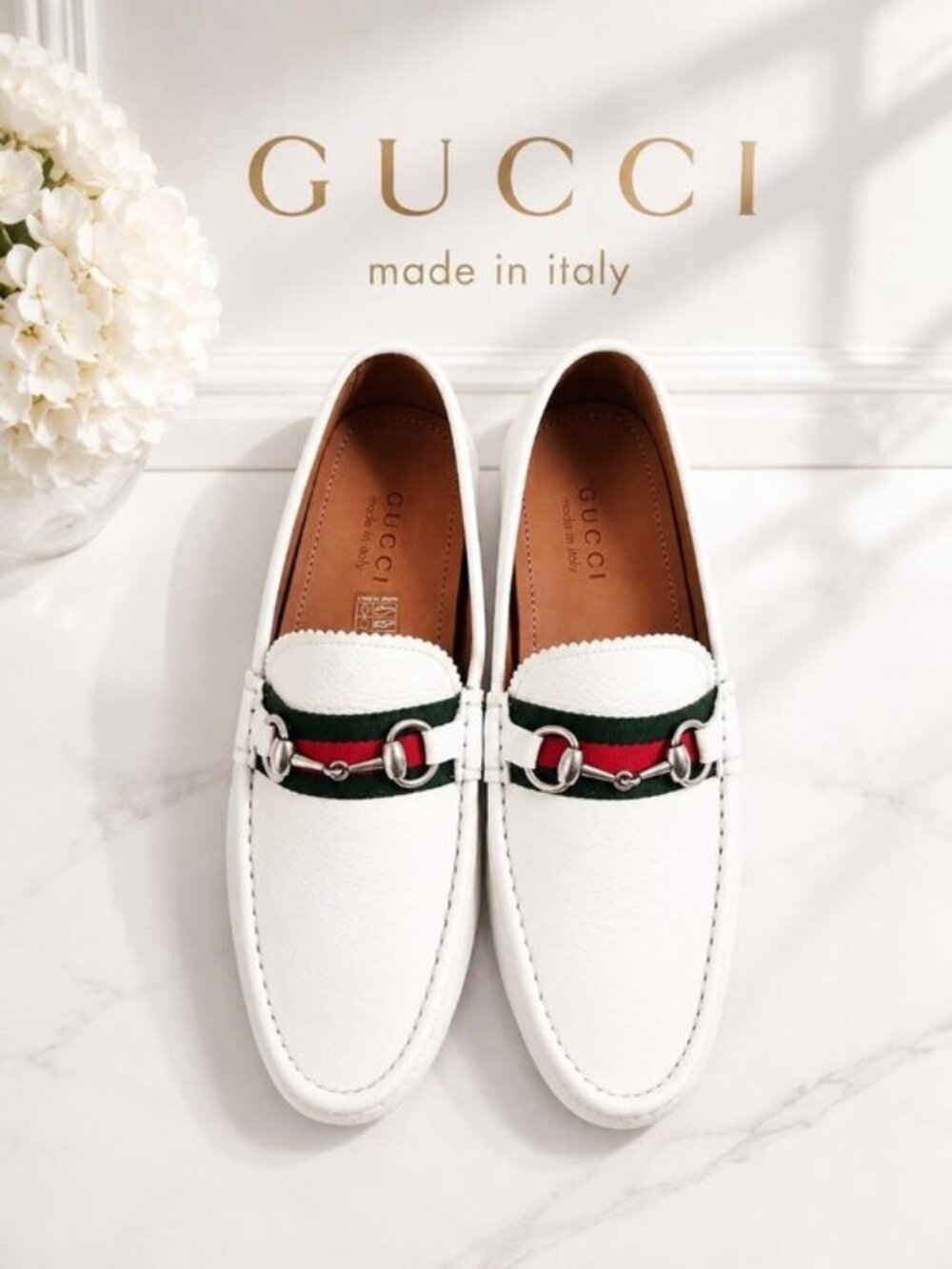 Authentic Gucci White Leather Horsebit Web Loafers Shoes